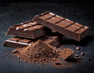 Broken dark chocolate bar and cocoa powder on a brown table. Valentine advertising