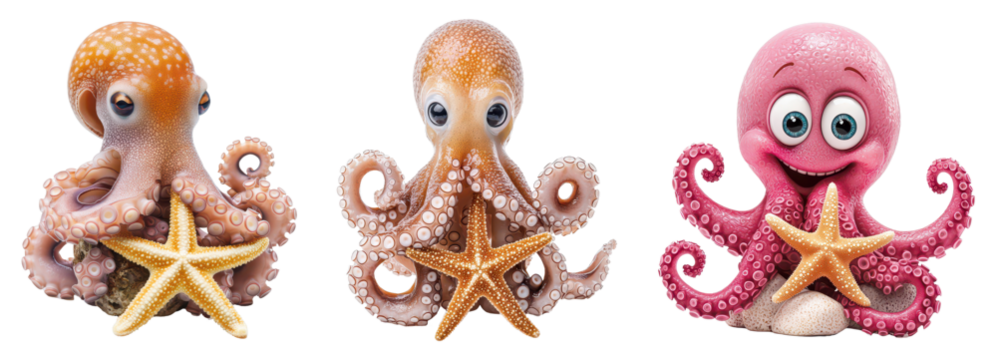 Playful octopus trio underwater scene character art colorful ocean close-up view marine life concept