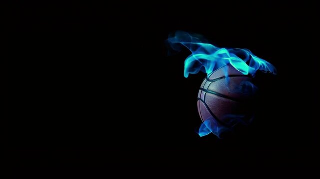 bright glowing basketball ball in blue neon smoke on black background, free space for text.