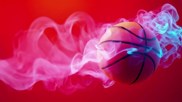 bright  orange basketball ball in blue neon smoke on red background, free space for text. slow moving video