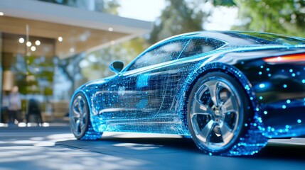 A modern car parked outdoors, surrounded by a subtle holographic shield overlay indicating GPS and security tracking