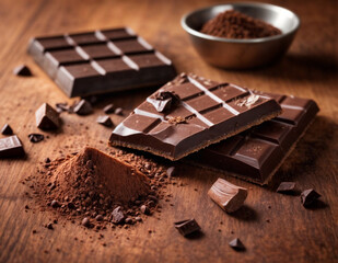 Broken dark chocolate bar and cocoa powder on a brown table. Valentine advertising