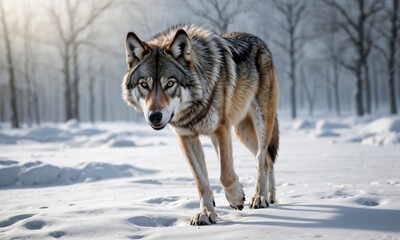 Obraz premium A lone wolf walking through a serene winter landscape. The wolf's intense gaze and thick fur coat create a striking contrast with the surrounding snow-covered forest, capturing the spirit of the wild