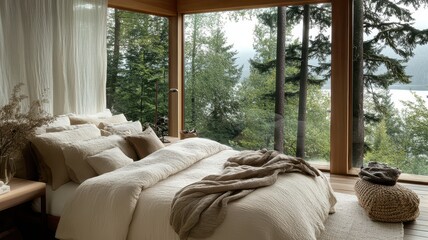 Fototapeta premium A cozy, modern bedroom featuring large windows with a view of trees and water, adorned with soft bedding and natural decor, creating a serene atmosphere.