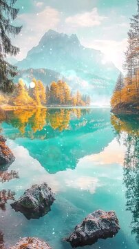 Breathtaking Mountain And Autumn Lake Reflection Scene Background. Seamless looping motion design. Video animation. Stunning view of a serene mountain reflected in a crystal-clear lake by autumn