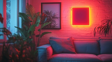 Stylish Modern Cozy Living Room with Neon & Blank Picture Frames, Tropical Plants, Comfortable Sofa, Zoom Virtual Meetings, YouTube Digital Fashion & Beauty Channel Background, Modern Studio Backdrop