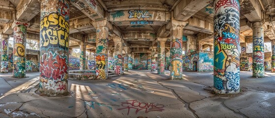 Fototapeta premium Panoramic view of abandoned urban space with concrete pillars covered in vibrant street art and graffiti. Sunlight creates dramatic shadows in this underground gallery of urban culture
