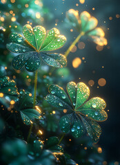 Vibrant clover leaves glistening with morning dew. Clover leaves adorned with droplets sparkle in soft morning light, creating a tranquil and refreshing atmosphere.