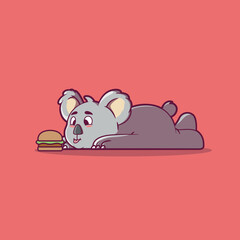 Vector illustration of a Koala character lying on the floor, looking at a burger. Mascot and food design concept.