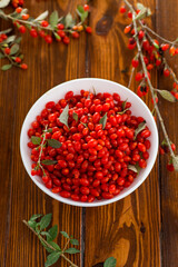 fresh ripe red goji berries in a bowl on a wooden table