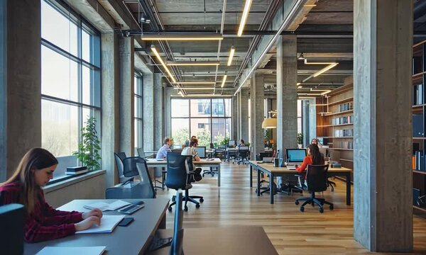 Modern office workspace with open layout featuring collaborative areas, large windows for natural light, and people working at desks in a vibrant atmosphere.