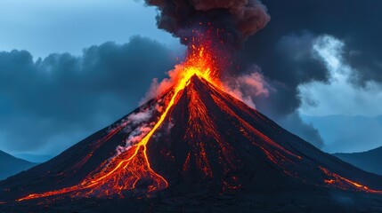 Volcano eruption with flowing lava and billowing smoke against a dramatic sky.