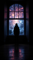 Obraz premium Person Watching Fireworks Through a Window with Reflections Creating an Intimate Mood