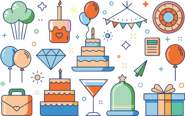 Celebration and birthday icon set. Full Vector illustration Outline Style Icons.
