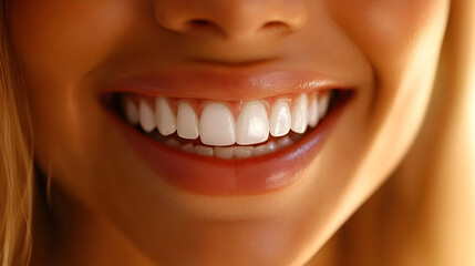 Obraz premium Close-Up of a Woman Smiling with White Teeth Photo