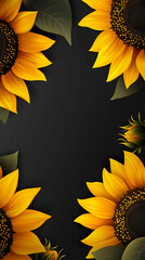 Bright yellow sunflower flowers on the sides of the image on a black background, a place for text in the center.