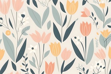 Scandinavian style floral pattern with minimal daisies tulips and leaves in soft pastels, Ai Generated