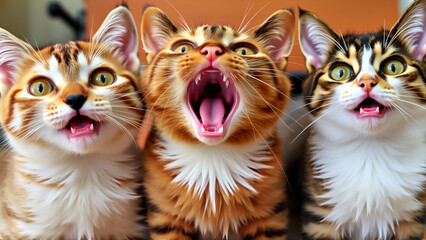 Cats, Wide Open mouth, eyes, Surprised, Amazed, Incredulous, Astonished, Shocked. CAN NOT BELIEVE OUR EYES! 3 little cats with wide open mouth. 2 felines with yellow eyes and one with red orange eye.