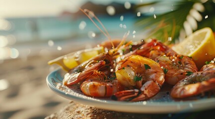 A plate of delicious seared shrimp with lemon on the beach in Hawaii, at sunset, vacation, holiday perfect for stock photography and food advertisements.
