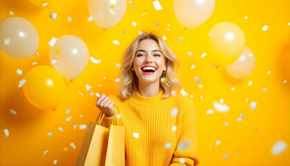 women with a party hat and confetti, yellow themed jolly women wearing yellow dress, happy shopping woman