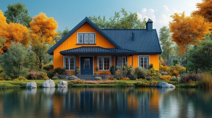 Obraz premium A vibrant orange house surrounded by lush trees and a serene pond.