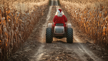Santa driving a truck down a dirt farm road