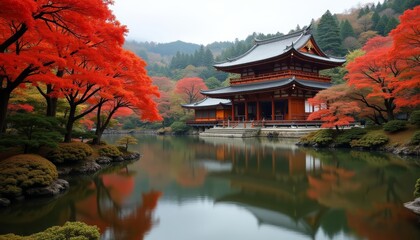 Obraz premium Autumn serenity at a traditional Japanese temple