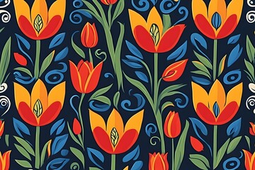 Seamless folk art floral pattern with stylized daisies tulips and swirls in bold primary colors, Ai Generated