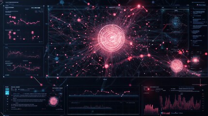 Obraz premium A complex network of data points connected by glowing lines, representing a data flow or a neural network.