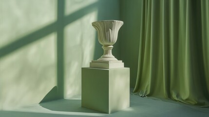 A pastel green pedestal surrounded by soft shadows