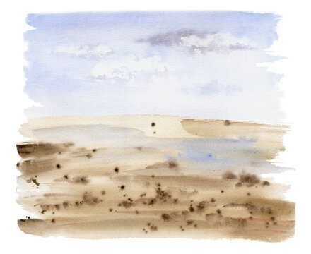 Scenery landscape, cloudy blue sky, green meadow field moorland pasture prairie grass land, hand drawn in watercolor. Illustration for tourism, resort ads, hiking camping sites vacation, nature maps.