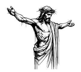 savior jesus christ artwork with detailed robe and flowing hair black vector