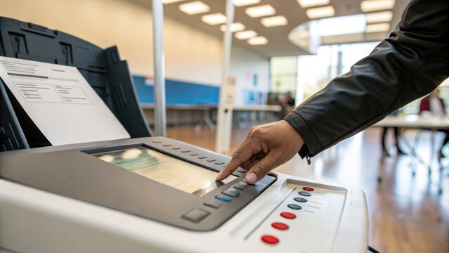 Hand pressing voting ballot button on electronic voting machine in modern polling station, highlighting democratic process and civic duty.