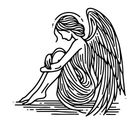 stylized monochrome depiction of an angel in flowing robes