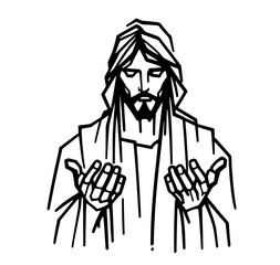 Minimalist illustration of Jesus in line art style – black silhouette