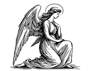 vintage-inspired angel illustration with soft, flowing details black vector