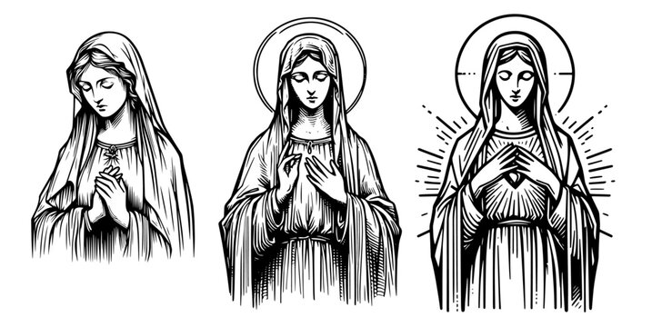 virgin mary portrait set with peaceful expressions in religious style black vector