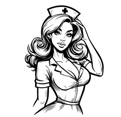 elegant nurse illustration in vintage pinup art style black vector