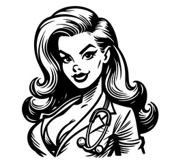 confident nurse illustration in classic pinup style with stethoscope black vector