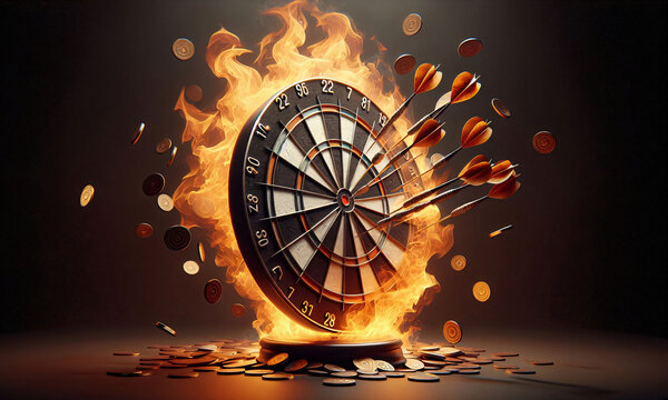 Brennende Dartscheibe mit Pfeil, copxy space