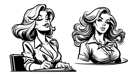 artistic sketch of stylish retro lady in black and white