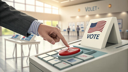 Hand pressing voting ballot button on electronic voting machine in modern polling station, highlighting democratic process and civic duty.