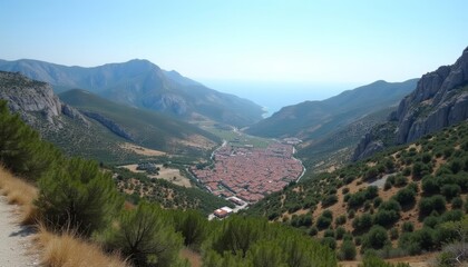 Naklejka premium Elevated view of a coastal town nestled between mountains