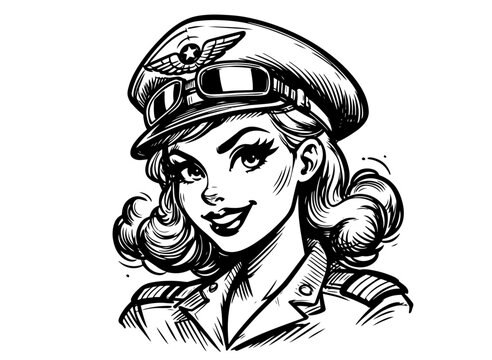 recommend clip art: vintage pilot-themed pinup woman illustration black vector style