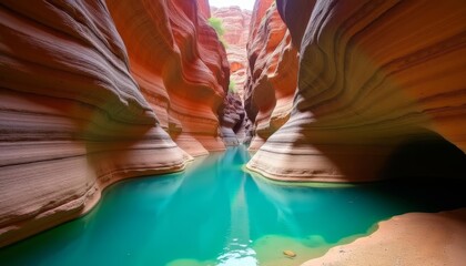  Narrow canyon with vibrant blue water and red rock walls