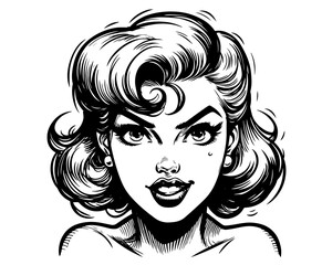 artistic sketch of stylish retro lady in black and white