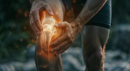 Visual representation of knee pain with glowing bones through skin. Person holding painful joint area during sports injury. Medical concept for arthritis, inflammation and joint problems