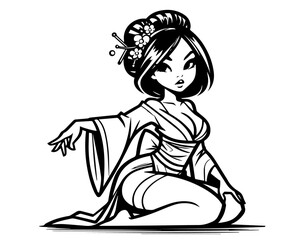 traditional japanese geisha in elegant pose with floral hairpiece – black vector