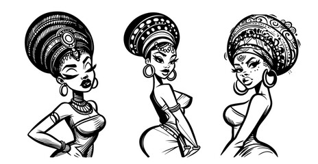 elegant black and white illustrations of women with styled hair