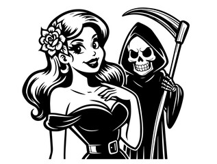 seductive grim reaper woman holding a scythe in pin-up style black vector